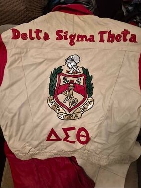 Rare Vintage! Delta Sigma Theta Leather Embroidered Cream & Red Jacket